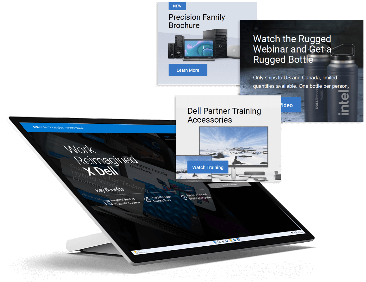 Different assets from the Dell Work Reimagined website that was created to increase partner engagement and sales.